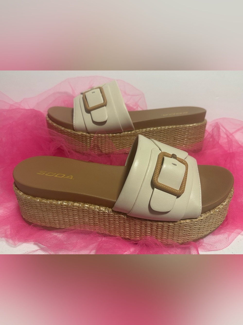SODA Cream Platform Slide Sandals with Buckle Detail